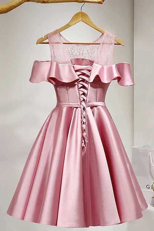 A-Linie, knielang, schulterfrei, rosa Satin-Heimkehrkleid mit Spitze, PD121
