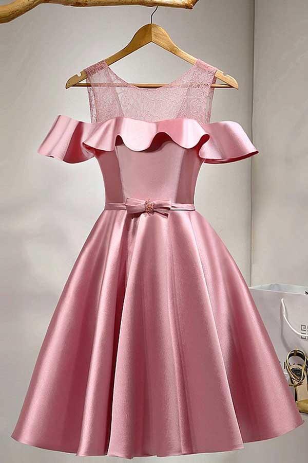 A-Linie, knielang, schulterfrei, rosa Satin-Heimkehrkleid mit Spitze, PD121