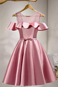 A-Linie, knielang, schulterfrei, rosa Satin-Heimkehrkleid mit Spitze, PD121