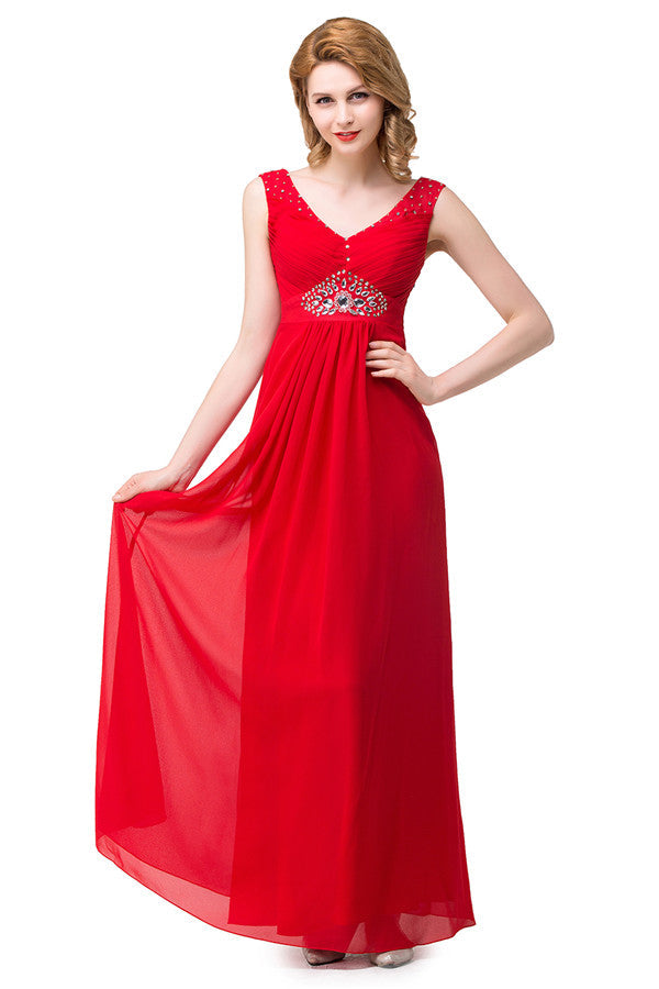 Vestidos de dama de honor rojos con escote en V y corte A hasta la rodilla