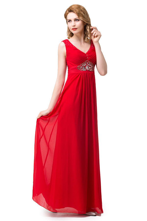 Vestidos de dama de honor rojos con escote en V y corte A hasta la rodilla