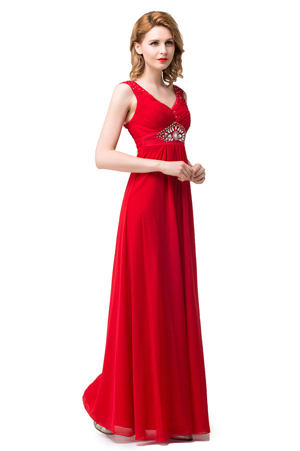 Vestidos de dama de honor rojos con escote en V y corte A hasta la rodilla