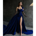 A-Linie Spitzenapplikationen Hoher Schlitz Langes schwarzes Ballkleid