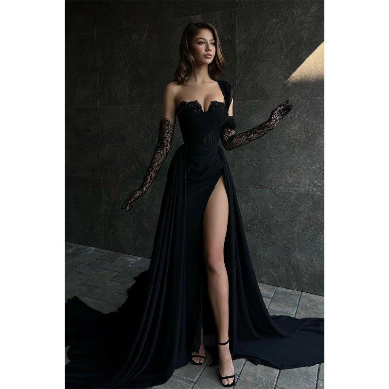 A Line Lace Appliques High Split Black Long Prom Formal Dress Sunnderly A Line Lace Appliques High Split Black Long Prom Formal Dress Sunnderly