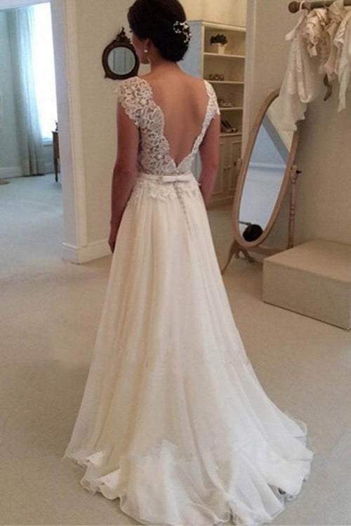 Vestido de novia largo de playa con escote en A y espalda descubierta con encaje WD021