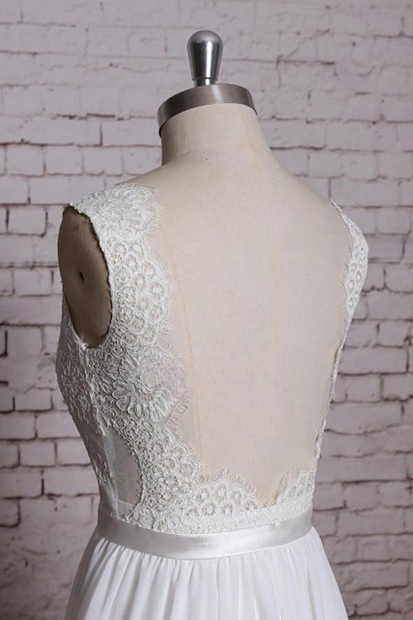 A-Linie Spitze V-Ausschnitt Rückenfrei Etui Langes Brautkleid WD058