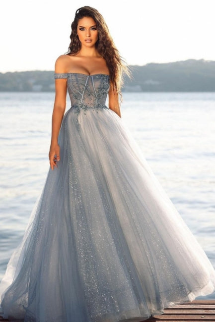A-Linie Lange Glitzer Off-the-Shoulder Grau Ballkleider