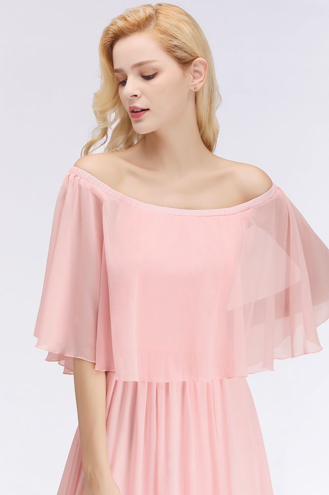 Vestidos de dama de honor rosas largos con hombros descubiertos y mangas, corte A