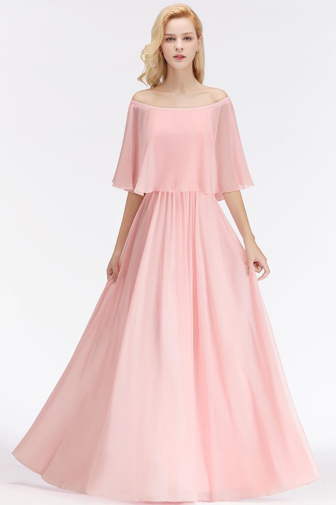 Vestidos de dama de honor rosas largos con hombros descubiertos y mangas, corte A