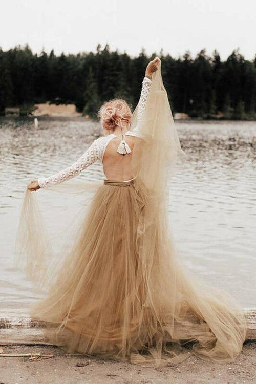 Vestido de novia estilo princesa, corte A, manga larga, espalda descubierta, WD484