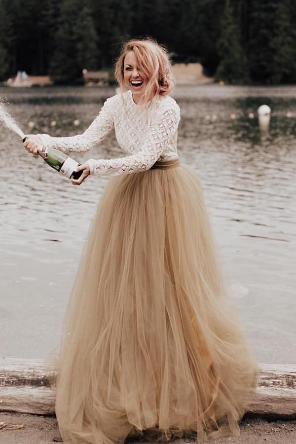Vestido de novia estilo princesa, corte A, manga larga, espalda descubierta, WD484