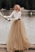 Vestido de novia estilo princesa, corte A, manga larga, espalda descubierta, WD484