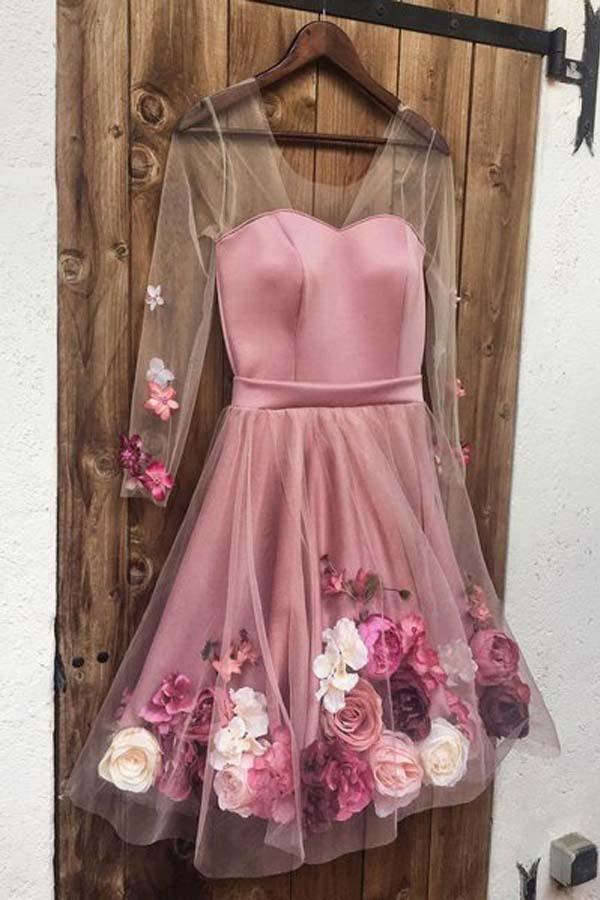 Vestidos de fiesta blancos cortos con flores y mangas largas, corte A, para regreso a casa, PD346