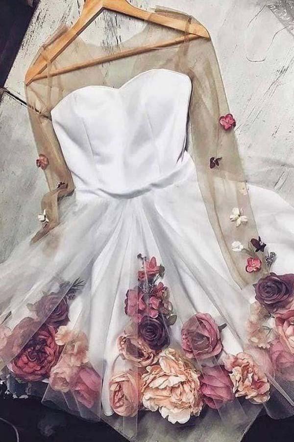 Vestidos de fiesta blancos cortos con flores y mangas largas, corte A, para regreso a casa, PD346