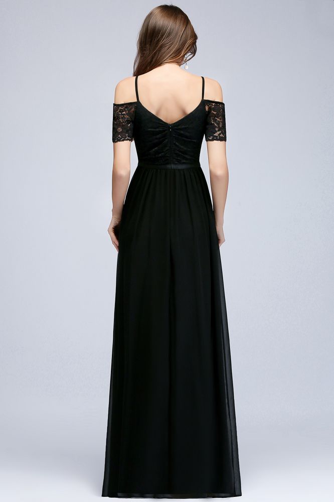 Vestido de dama de honor de gasa con encaje negro, escote en V y corte A largo