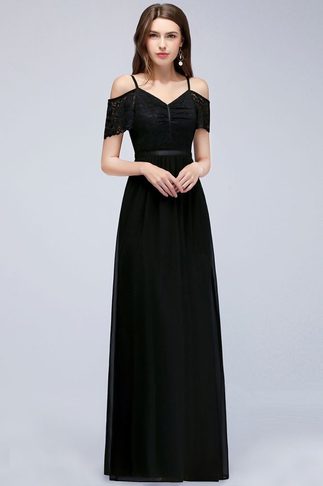 Vestido de dama de honor de gasa con encaje negro, escote en V y corte A largo
