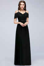 Vestido de dama de honor de gasa con encaje negro, escote en V y corte A largo