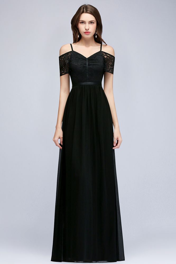 Vestido de dama de honor de gasa con encaje negro, escote en V y corte A largo
