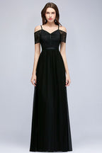 Vestido de dama de honor de gasa con encaje negro, escote en V y corte A largo