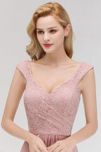Vestido de dama de honor de gasa con escote en V largo, sin mangas, estilo formal, con parte superior de encaje