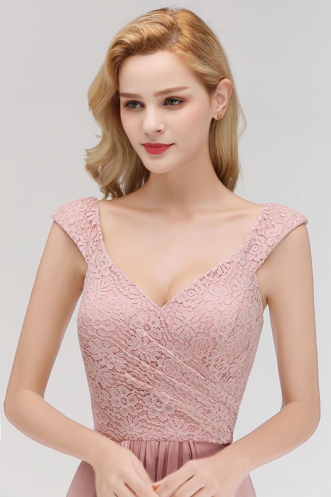 Vestido de dama de honor de gasa con escote en V largo, sin mangas, estilo formal, con parte superior de encaje
