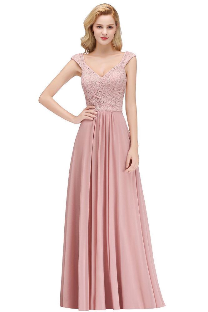 Vestido de dama de honor de gasa con escote en V largo, sin mangas, estilo formal, con parte superior de encaje