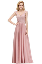 Vestido de dama de honor de gasa con escote en V largo, sin mangas, estilo formal, con parte superior de encaje