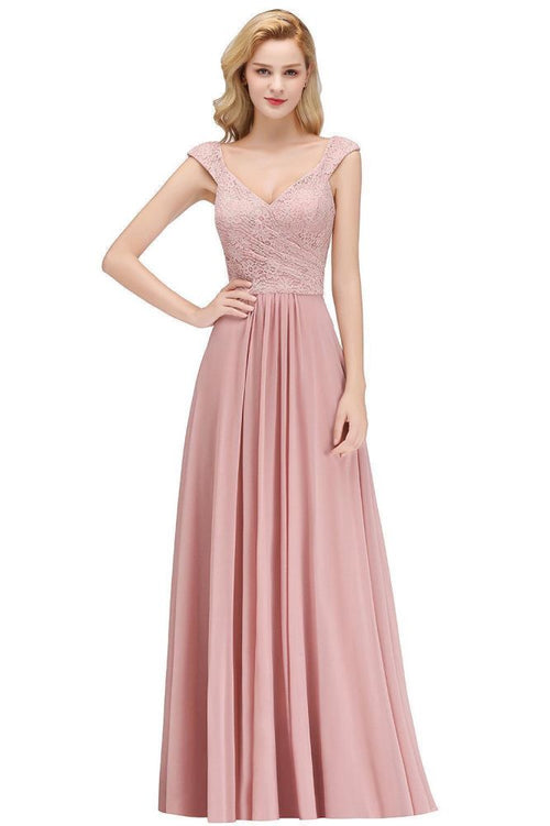 Vestido de dama de honor de gasa con escote en V largo, sin mangas, estilo formal, con parte superior de encaje