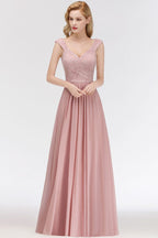 Vestido de dama de honor de gasa con escote en V largo, sin mangas, estilo formal, con parte superior de encaje