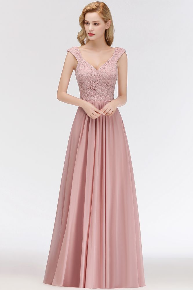 Vestido de dama de honor de gasa con escote en V largo, sin mangas, estilo formal, con parte superior de encaje