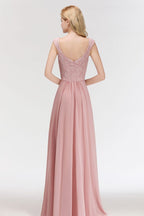 Vestido de dama de honor de gasa con escote en V largo, sin mangas, estilo formal, con parte superior de encaje