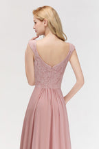 Vestido de dama de honor de gasa con escote en V largo, sin mangas, estilo formal, con parte superior de encaje