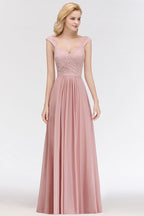 Vestido de dama de honor de gasa con escote en V largo, sin mangas, estilo formal, con parte superior de encaje