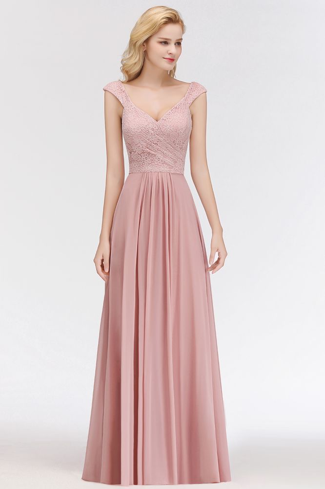 Vestido de dama de honor de gasa con escote en V largo, sin mangas, estilo formal, con parte superior de encaje