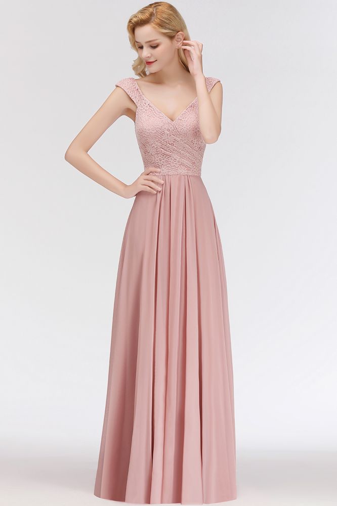 Vestido de dama de honor de gasa con escote en V largo, sin mangas, estilo formal, con parte superior de encaje
