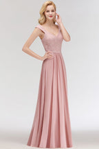 Vestido de dama de honor de gasa con escote en V largo, sin mangas, estilo formal, con parte superior de encaje