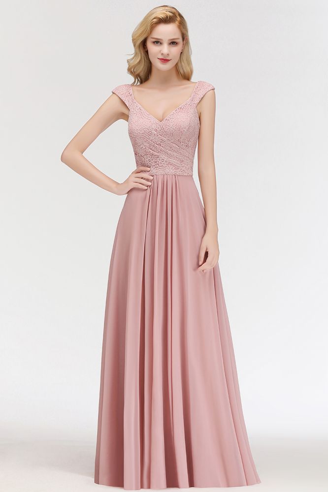 Vestido de dama de honor de gasa con escote en V largo, sin mangas, estilo formal, con parte superior de encaje