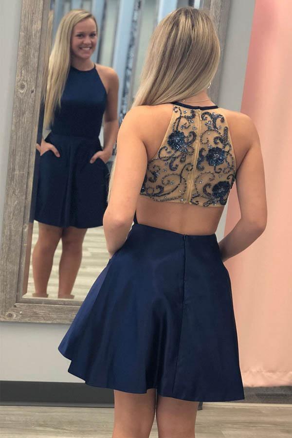Vestido de fiesta corto azul marino de corte A con espalda de cuentas PD328