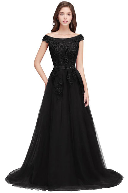 A-line Off-shoulder Floor-length Tulle Appliques Prom Dresses