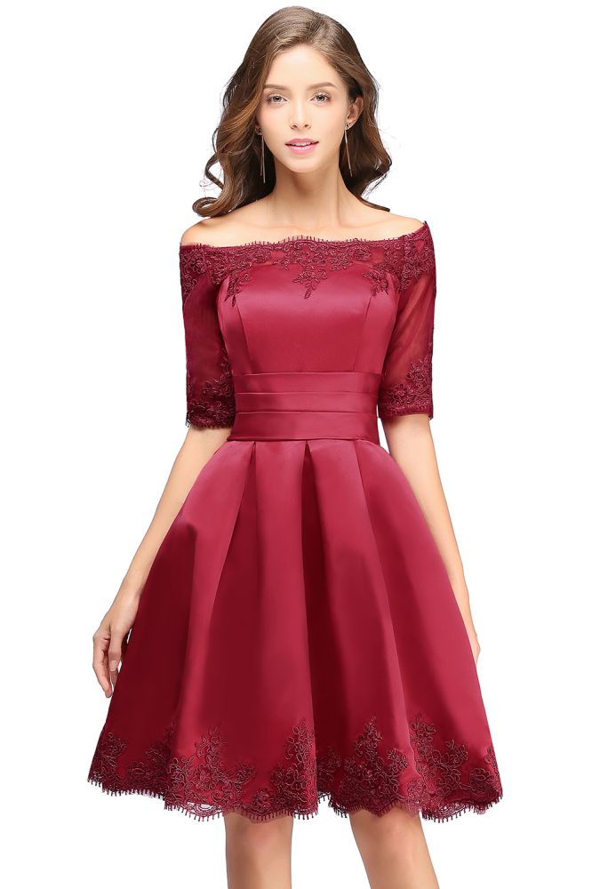 Vestidos de fiesta cortos con apliques de encaje, corte A, hombros descubiertos y media manga