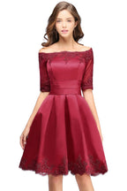 Vestidos de fiesta cortos con apliques de encaje, corte A, hombros descubiertos y media manga