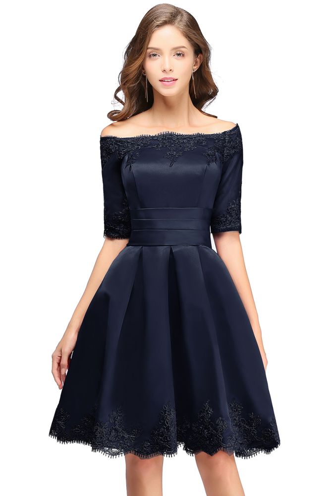 Vestidos de fiesta cortos con apliques de encaje, corte A, hombros descubiertos y media manga