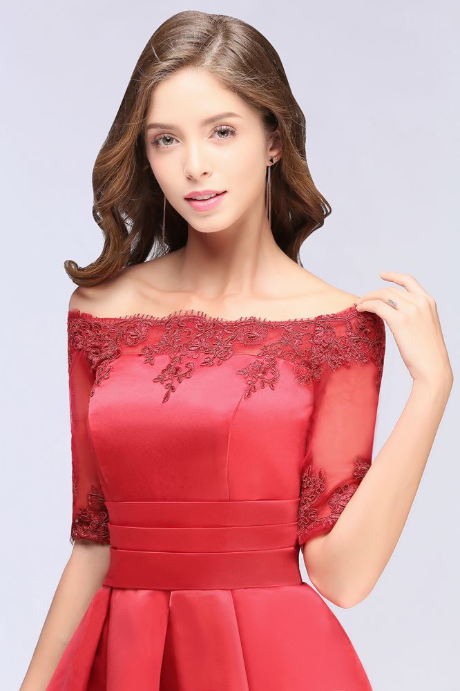 Vestidos de fiesta cortos con apliques de encaje, corte A, hombros descubiertos y media manga