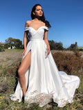 Vestidos de fiesta largos de satén con hombros descubiertos y corte en A, con abertura alta, blancos, para graduación formal