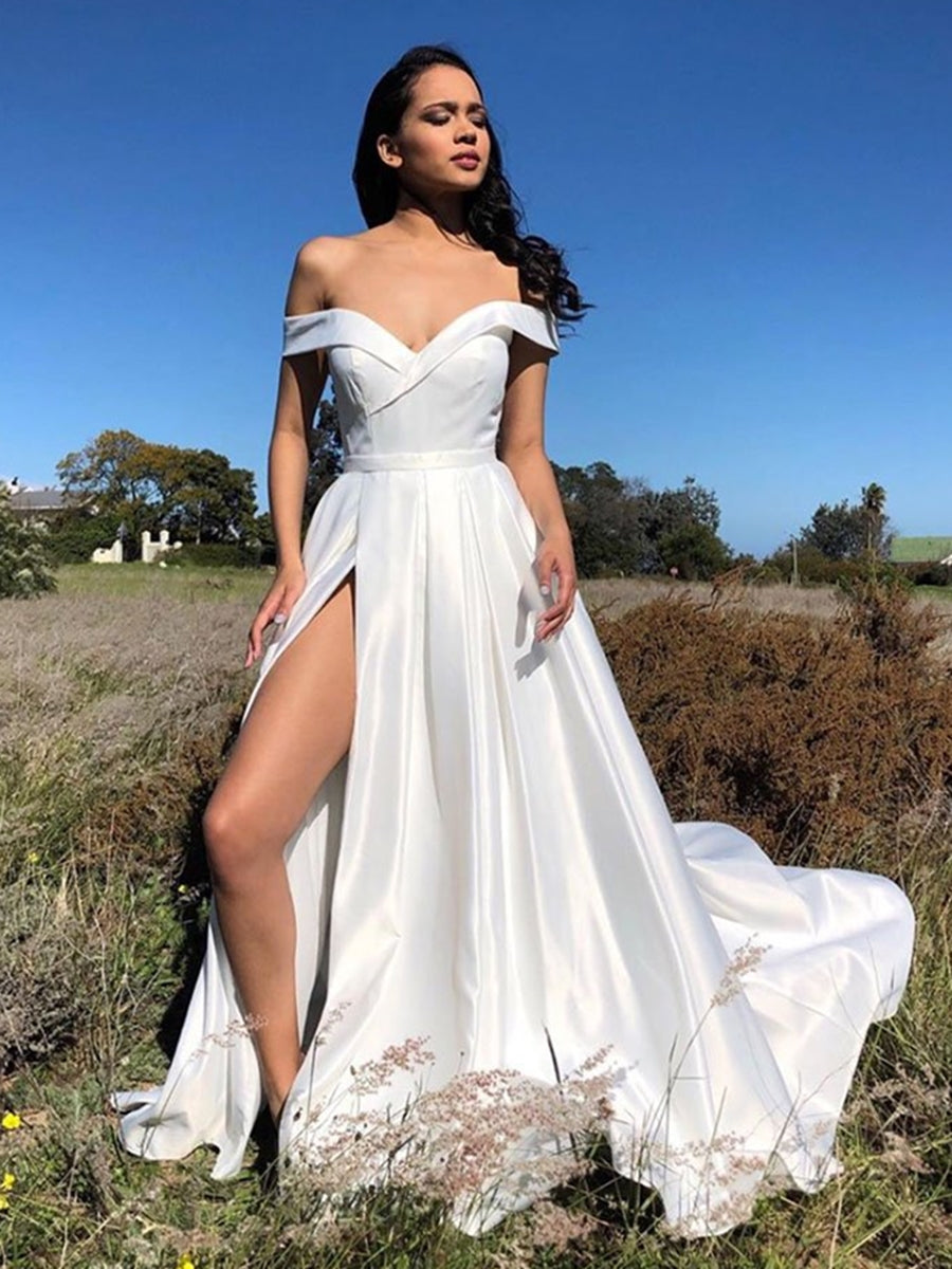 A-Linie, schulterfrei, langes Satin-Ballkleid mit hohem Schlitz, weißes formelles Abendkleid für den Abschluss