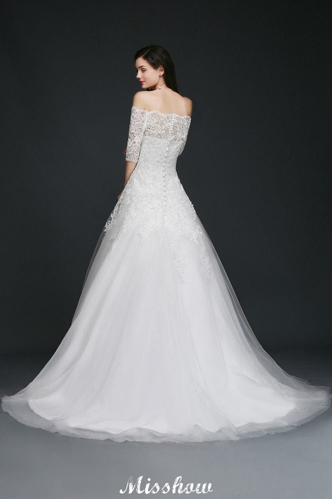 A-line Off-the-Shoulder Court Train Tulle Wedding Dresses with Buttons