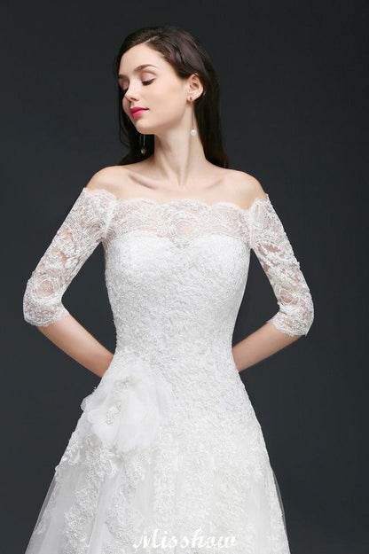 A-line Off-the-Shoulder Court Train Tulle Wedding Dresses with Buttons