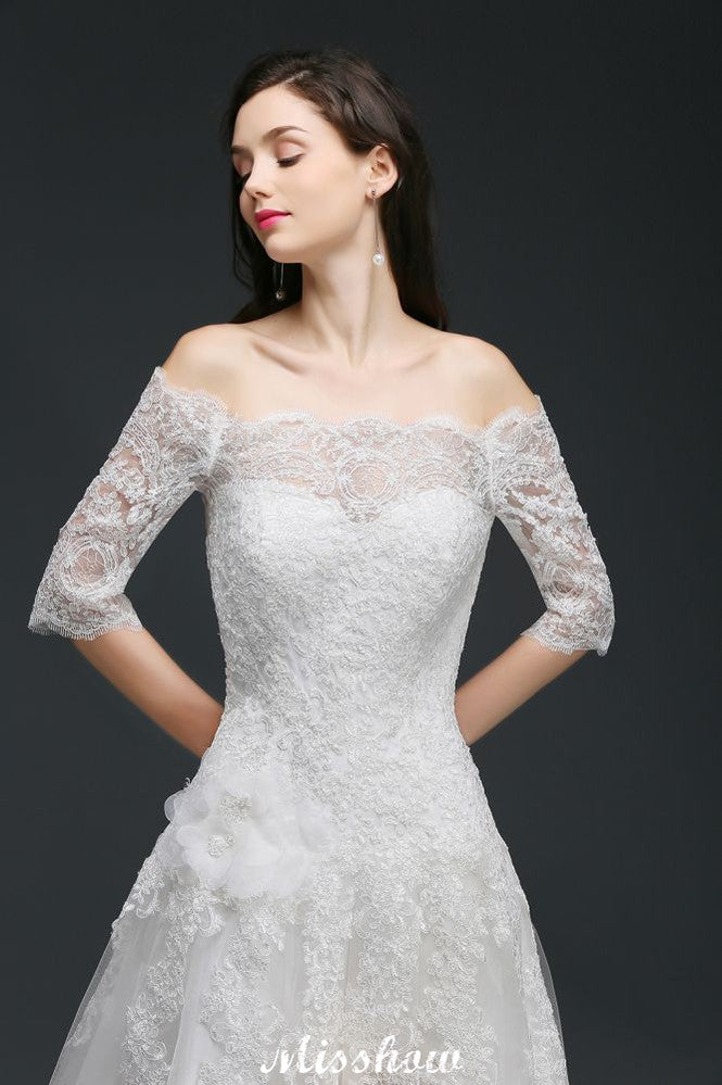 A-line Off-the-Shoulder Court Train Tulle Wedding Dresses with Buttons