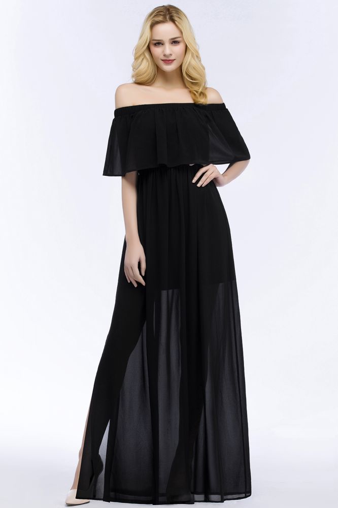 Vestidos de dama de honor de gasa negra con corte en A y hombros descubiertos hasta el suelo