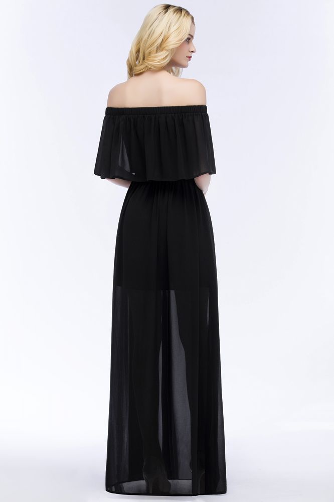 Vestidos de dama de honor de gasa negra con corte en A y hombros descubiertos hasta el suelo